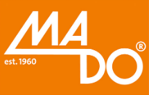 Das Bild zeigt das Logo von MADO, einer Marke, die seit 1960 besteht. Es ist auffällig in orange mit modernem Schriftzug.